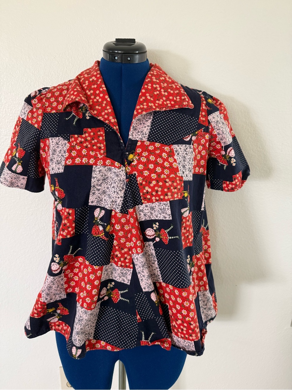 Vintage Red & Navy Patchwork Short Sleeve Top Made in England